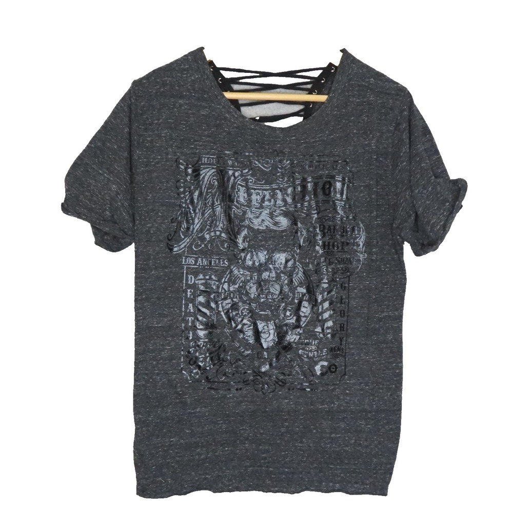 Affliction T‎ Shirt Womens XL Gray Crew Neck Lace Up Back Stitched Short Sleeve